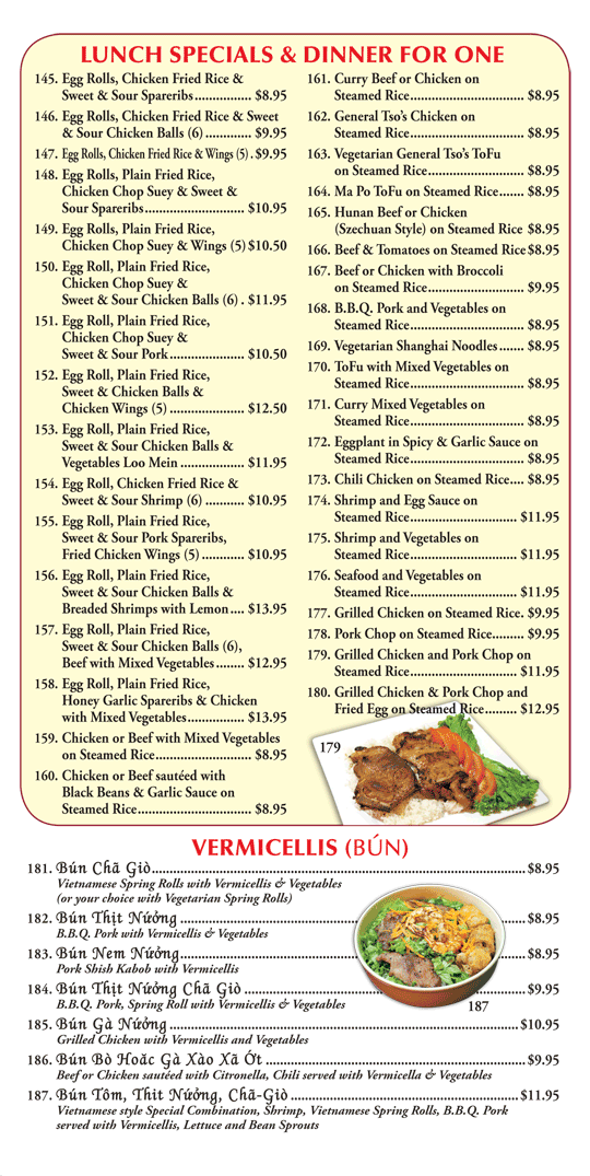 lunch specials and dinner for one and vietnamese dishes